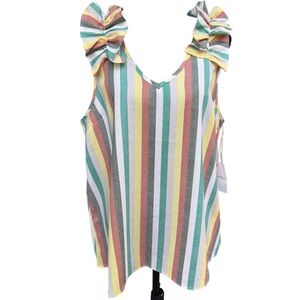 Entro Striped V-neck Tank Top‎ with Ruffled Sleeves